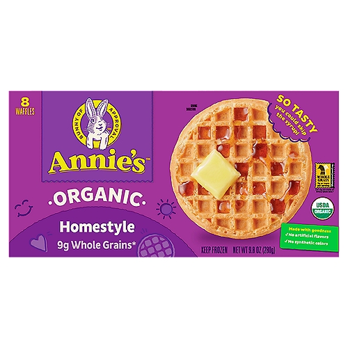 Annie's Organic Homestyle Waffles, 8 count, 9.8 oz
9g whole grains*
*Per serving.
At least 48g of whole grain recommended daily.

Made with goodness
✓ No artificial flavors
✓ No synthetic colors