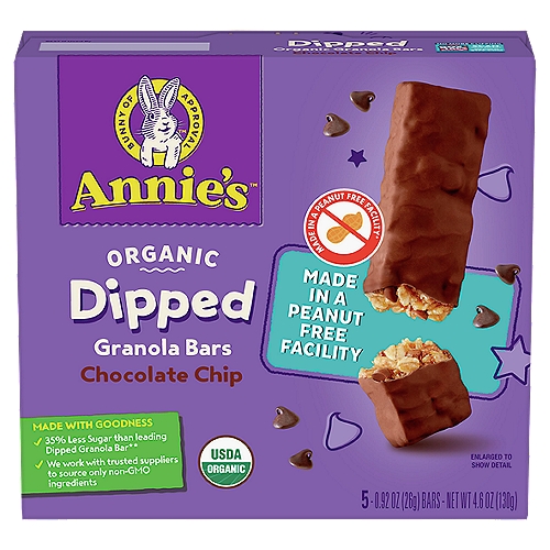 Annie's Organic Dipped Chocolate Chip Granola Bars 5 Count
A delicious chocolaty treat your kids will love, with ingredients you can feel good about and 35% less sugar than the leading dipped granola bar!

Organic granola bars, organic snacks, organic snack, organic granola, sweet granola, healthy granola bars, sweet and salty granola bar, energy bar, snack bar, grocery,  health bars, health food, organic bars, organic food, snacks,  healthy bars, whole grain bars, chewy granola bars, salty granola bar, sweet granola bar, whole grain snack, sweet and savory, sweet and salty, snack bars, breakfast bar, granola bar, bars,  healthy snack, box tops for education

Annie's Chocolate Dipped, Chewy Chocolate Chip Granola Bars,  5 ct

35% Less Sugar than leading dipped granola bar*
*Annie's dipped granola bar has 7g of sugar per 26g serving, Leading dipped granola bar has 13g of sugar per 31g serving.

Made with goodness
✓ No artificial flavors or synthetic colors
✓ No high-fructose corn syrup
✓ Made with real chocolate chips
