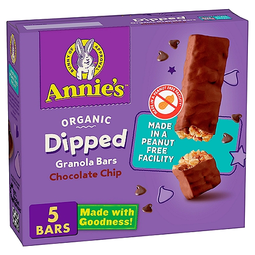 Annie's Organic Dipped Chocolate Chip Granola Bars, 0.92 oz, 5 Count
Made with Goodness 
✓ 35% less sugar than leading Dipped Granola Bar**
✓ We work with trusted suppliers to source only non-GMO ingredients
**Annie's dipped granola bars has 7g of sugar per 26g serving, leading dipped granola bar has 13g of sugar per 31g serving.

Made in a Peanut Free Facility*
*Not all Annie's products are made in peanut free facilities.