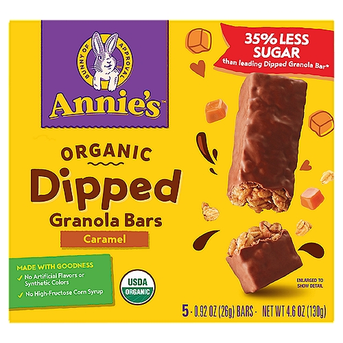 Annie's Organic Dipped Granola Bar Milk Chocolate Caramel 5ct
35% Less Sugar than leading dipped granola bar*
*Annie's dipped granola bar has 7g of sugar per 26g serving, leading dipped granola bar has 13g of sugar per 31g serving.

Made with Goodness
✓ No artificial flavors or synthetic colors
✓ No high-fructose corn syrup

