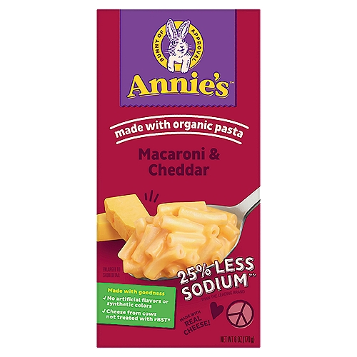Annie's Macaroni & Cheddar, 6 oz
25% Less Sodium** than the Leading Brand
**Annie's 25% Less Sodium Has 400mg Sodium per Serving the Leading Brand Has 560mg Sodium per Serving.

Made with goodness
✓ No artificial flavors or synthetic colors
✓ Cheese from cows not treated with rBST*
*No significant difference has been shown between milk derived from rBST-treated and non rBST-treated cows.