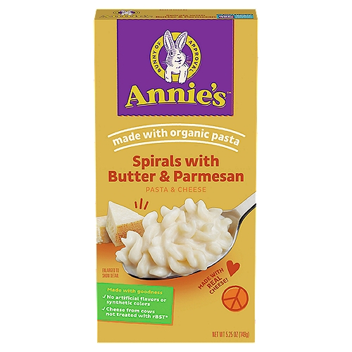 Annie's Homegrown Spirals with Butter & Parmesan Macaroni & Cheese, 5.25 oz
Made with Goodness!
✓ No artificial flavors or synthetic colors
✓ 10g protein per serving
✓ Cheese from cows not treated with rBST*
*No significant difference has been shown between milk derived from rBST and non-rBST treated cows.