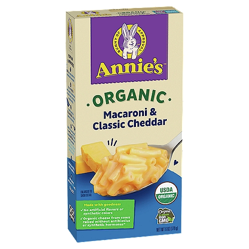 Annie's Organic Macaroni & Classic Cheddar, 6 oz
Made with goodness
✓ No artificial flavors or synthetic colors
✓ Organic cheese from cows raised without antibiotics or synthetic hormones*
*No significant difference has been shown between milk derived from rBST-treated and non rBST-treated cows.