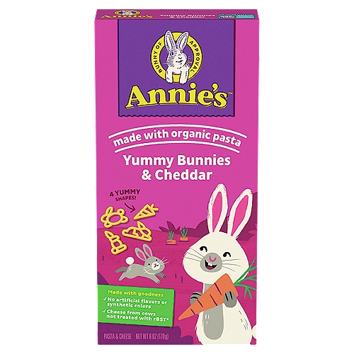 Annie's Yummy Bunnies & Cheddar Pasta & Cheese, 6 oz
Made with goodness!
✓ No artificial flavors or synthetic colors
✓ Cheese from cows not treated with rBST*
*No significant difference has been shown between milk derived from rBST-treated and non rBST-treated cows.