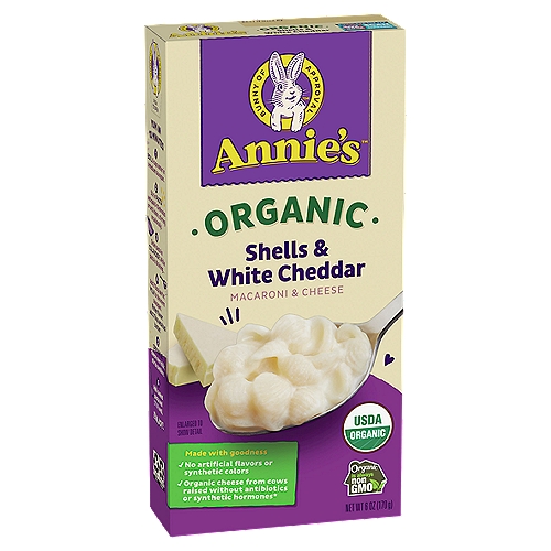 Annie's Organic Shells & White Cheddar Macaroni & Cheese, 6 oz
Made with goodness
✓ No artificial flavors or synthetic colors
✓ Organic cheese from cows raised without antibiotics or synthetic hormones*
*No significant difference has been shown between milk derived from rBST-treated and non rBST-treated cows.