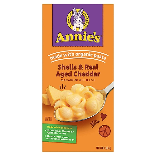 Annie's Shells & Real Aged Cheddar Macaroni & Cheese, 6 oz
Made with goodness
✓ No artificial flavors or synthetic colors
✓ Cheese from cows not treated with rBST*
*No significant difference has been shown between milk derived from rBST-treated and non rBST-treated cows.
