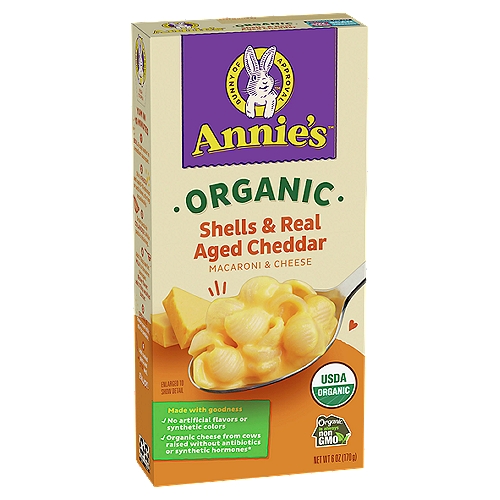 Annie's Organic Shells & Real Aged Cheddar Macaroni & Cheese, 6 oz
Made with goodness
✓ No artificial flavors or synthetic colors
✓ Organic cheese from cows raised without antibiotics or synthetic hormones*
*No significant difference has been shown between milk derived from rBST-treated and non rBST-treated cows.

Organic is always non GMO™