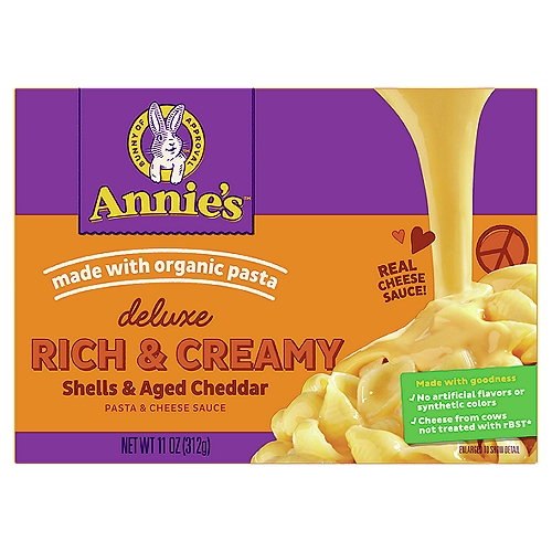 Annie's Deluxe Rich & Creamy Shells & Aged Cheddar Pasta & Cheese Sauce, 11 oz
Made with goodness
✓ No artificial flavors or synthetic colors
✓ Cheese from cows not treated with rBST*
*No significant difference has been shown between milk derived from rBST-treated and non rBST-treated cows.