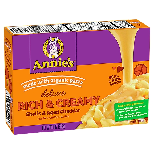 Annie's Deluxe Rich & Creamy Shells & Aged Cheddar Pasta & Cheese Sauce, 11 oz
Made with goodness
✓ No artificial flavors or synthetic colors
✓ Cheese from cows not treated with rBST*
*No significant difference has been shown between milk derived from rBST-treated and non rBST-treated cows.