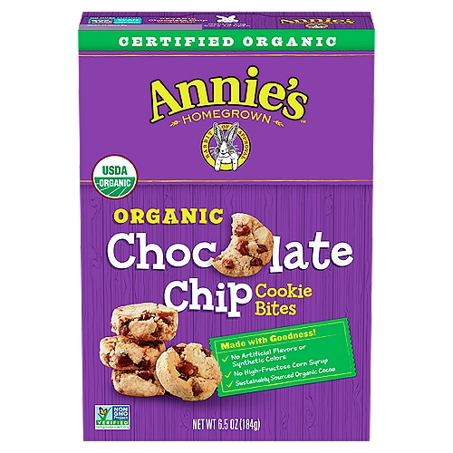 Annie's Homegrown Organic Chocolate Chip Cookie Bites, 6.5 oz
Made with Goodness!
✓ No artificial flavors, synthetic colors or synthetic preservatives
✓ No high-fructose corn syrup
✓ Sustainably sourced organic cocoa