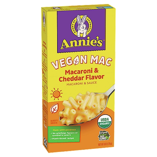 Annie's Homegrown Organic Cheddar Flavor Vegan Mac Pasta & Sauce, 6 oz
Made with Goodness!
✓ No artificial flavors or synthetic colors
✓ Plant-based recipe

Organic is always non GMO™