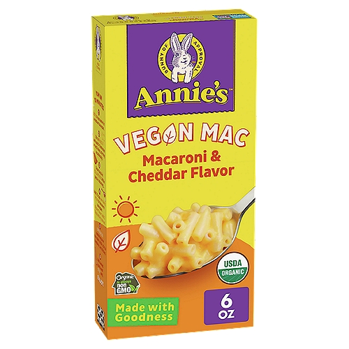 Made with goodnessn✓ No artificial flavors or synthetic colorsn✓ Plant-based recipennOrganic is always non GMO™nnDelicious, Yummy Mac is for Everybunny.nSo we make our Vegan mac totally craveable.nIt's joyful Yumminess that's compromise-free.nMade with Love by Annie's