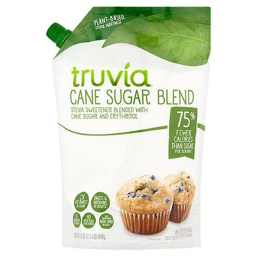 Stevia Sweetener Blended with Cane Sugar and Erythritolnn75% Fewer Calories per Serving than Sugar*n3½ Cups per Bag Sweetens Like 7 Cups of Sugar*nnTruvia® Cane Sugar Blend is a Blend of Stevia Sweetener and Cane Sugar that Bakes and Browns Like Sugar with 75% Fewer Calories per Serving than Sugar. Your Favorite Recipes will Taste as Delicious as Ever, with Fewer Calories and Less Sugar.nnSugar: 1 Cup 770 Cal = *Truvia® Cane Sugar Blend: 1/2 Cup 190 Cal