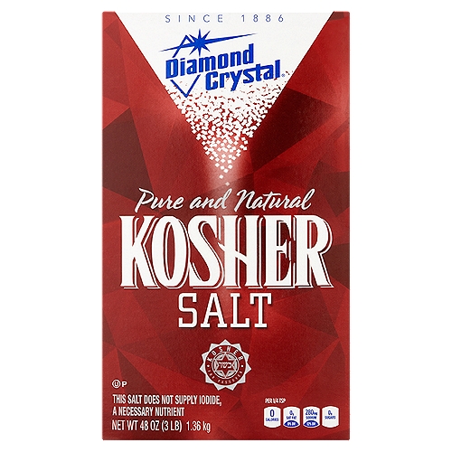 Diamond Crystal Pure and Natural Kosher Salt, 48 oz
Diamond Crystal® Kosher Salt was developed in 1886 using a proprietary evaporation process which created unique, hollow, multi-faceted salt crystals. Today, professional chefs prefer Diamond Crystal® Kosher Salt, as our salt crystals have a pure, clean taste and are fragile enough to crush between fingers for precise seasoning control.

Diamond Crystal®Salt, A Brilliant Choice™ since 1886.