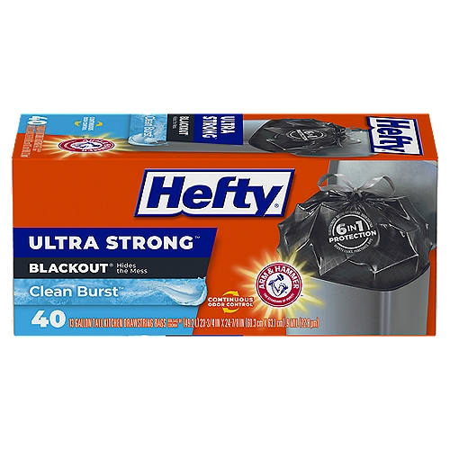 Hefty Ultra Strong Blackout Clean Burst Trash Bags
Trust Hefty Ultra Strong Tall Kitchen Blackout Trash Bags to keep your kitchen waste contained—all the way from can to curb. The black color hides unsightly messes, which means these innovative kitchen garbage bags will keep your garbage in the dark. Thanks to 6 in 1 Protection, these tough Hefty kitchen trash bags offer flexible strength, a secure-fit closure, odor control, and resistance to punctures, leaks, and tears—providing the highest protection available in flexible garbage bags. That stretchy strength means you don't have to worry about unexpected bag breakage and inconvenient messes. Don't be afraid to use these kitchen trash bags for tougher jobs, such as garage, basement and construction cleanup. A break-resistant grip drawstring makes it easy to close the bag and cart it away without incident. As a bonus, these scented trash bags include patented Arm & Hammer continuous odor control and Clean Burst scent to keep unpleasant smells at bay. *The ARM & HAMMER trademark is owned by Church & Dwight Co., Inc., and used by Reynolds Consumer Products LLC under license.

Blackout® hides the mess

6 in 1 Protection
1. Flex strength
2. Secure-fit closure
3. Odor control
4. Resists leaks
5. Resists punctures
6. Resists rips