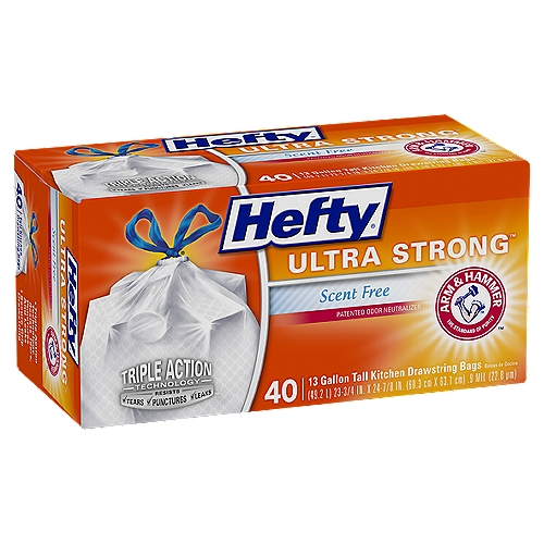 Hefty Ultra Strong Scent Free 13 Gallon Trash Bags
We've re-engineered our Hefty Ultra Strong Tall Kitchen Scent Free White 13 gallon Drawstring Trash Bags to be compatible with more kitchen cans, including Simplehuman Size J cans, and added a powerful combination of features. Watch these trash can liners stretch and expand to accommodate oversized loads without breaking or leaking thanks to our puncture-resistant Triple Action Technology. Hefty Ultra Strong scented trash bags feature a patented Arm & Hammer odor neutralizer that keeps your kitchen smelling clean and fresh. A break-resistant, gripping drawstring holds your garbage bag in place and prevents it from falling into the can. When it's time to carry the garbage to the curb or dumpster, the secure drawstring closure on the trash bag keeps all your waste neatly contained.