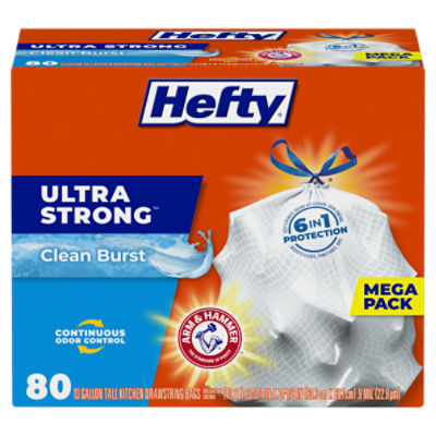 Hefty Ultra Strong Tall Kitchen Trash Bags, Clean Burst Scent, 13 Gallon, 80 Count, Size: 6 in