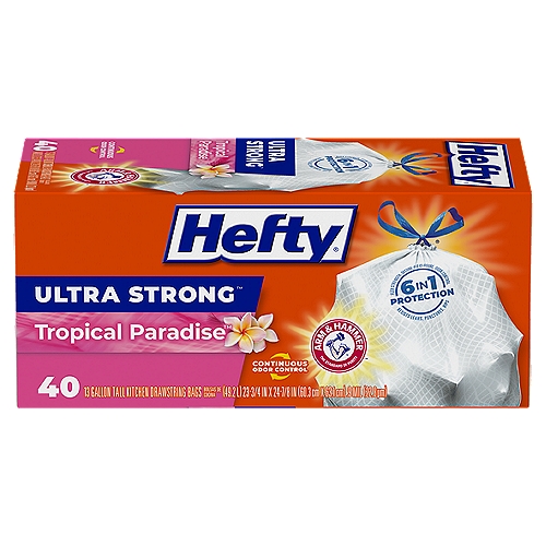 Hefty Ultra Strong Tropical Paradise Scent Trash Bags
Trust Hefty Ultra Strong Tall Kitchen Trash Bags to keep your kitchen waste contained—all the way from can to curb. Thanks to 6 in 1 Protection, these tough Hefty kitchen trash bags offer flexible strength, a secure-fit closure, odor control, and resistance to punctures, leaks, and tears—providing the highest protection available in flexible garbage bags. That stretchy strength means you don't have to worry about unexpected bag breakage and inconvenient messes. Don't be afraid to use these kitchen trash bags for tougher jobs, such as garage, basement and construction cleanup. A break-resistant grip drawstring makes it easy to close the bag and cart it away without incident. As a bonus, these scented trash bags include patented Arm & Hammer continuous odor control and Tropical Paradise scent to keep unpleasant smells at bay. *The ARM & HAMMER trademark is owned by Church & Dwight Co., Inc., and used by Reynolds Consumer Products LLC under license.

6 in 1 Protection
1. Flex strength
2. Secure-fit closure
3. Odor control
4. Resists leaks
5. Resists punctures
6. Resists rips