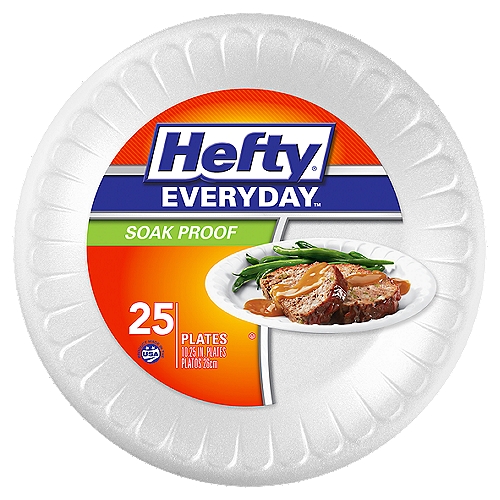 Hefty Everyday Soak Proof 10.25 Inch White Foam Plates
Hefty Everyday Soak Proof Foam Disposable Plates allow you to serve with flair and make clean up a snap. Their round shape, durability and soak proof layer that prevents leaks and stains on clothing and furniture, make these heavy duty disposable plates a go-to choice for family meals, picnics, barbecues and large casual get-togethers. Sturdy and versatile, these round disposable party plates handle all kinds of meals, including desserts, sandwiches, fruit, hamburgers and more. Use these disposable plates to serve meals or snacks without worrying about messes. These foam plates are perfect for toddler and kids' snacks and meals, or use them for kids' craft projects. With these BPA Free disposable plates, less mess means less time cleaning up and more time enjoying time with your loved ones.