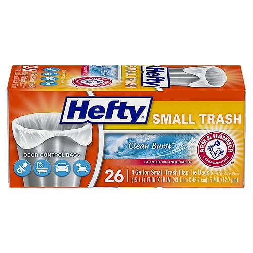 Manage trash in your office, bathroom, nursery, car and more using Hefty Small 4 Gallon Clean Burst Scent Flap Tie Trash Bags - the only small trash bags with odor control. All Hefty small bags are perfectly sized for small trash cans, and feature Arm & Hammer odor neutralizing agents that control odors inside the bag and keep smells from getting into your home. Convenient flap ties help keep trash in the can and off the floor when removing and closing the bag.