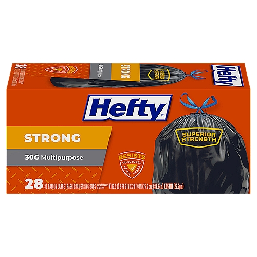 Hefty Strong Multipurpose Drawstring Trash Bags
Do more with Hefty Strong Large Multipurpose 30 Gallon Drawstring Trash Bags. Versatile and strong, these heavy duty bags are ideal for everyday kitchen waste or big clean-up jobs throughout the home, yard and garage. Signature Hefty heavy-duty quality ensures superior puncture resistance and drawstring dependability. The large 30 gallon size and thicker plastic are ideal for tackling kitchen mess, post-party clean-up, seasonal item storage, donations, or basement and garage clean-up.