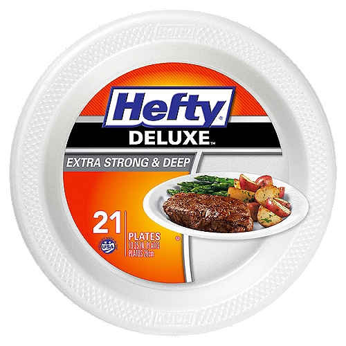 Hefty Deluxe 10.25 Inch Round White Foam Plates
Hefty Deluxe Extra Strong and Deep Round Foam Party Plates are your go-to choice when the occasion calls for a heavy-duty plate. If your barbecue, picnic or camping trip involves heaping helpings of heavy foods, count on these Hefty foam plates to stand up to the challenge. These round foam plates are equipped with a premium soak-proof layer that provides a barrier to leaks, so even your messiest sloppy joes don't end up on your clothing. The special laminate technology lets you cut your food with a sharp knife without slitting the plate. These heavy duty disposable plates are stronger, deeper and more durable than everyday foam plates, so load them up with quarter-pound burgers, baked potatoes, burritos and beans without fear of buckling. And they make cleaning up quick and easy so you can spend more time with your loved ones.