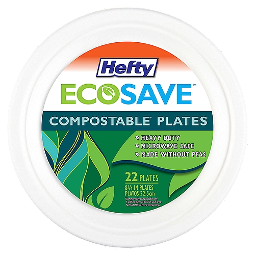 Hefty ECOSAVE 9 Inch 100% Compostable Plates
100% Compostable* Plates
*Only compostable in industrial facilities.

Why Choose Hefty Ecosave™
These 100% compostable plates are made from plant based materials and deliver the heavy duty quality that you've come to expect of a Hefty® plate.

Hefty ECOSAVE paper plates are 100% compostable, made from plant-based materials and are microwaveable. Hefty ECOSAVE disposable paper plates are ideal for picnics, barbecues and camping trips, or use them at home for a kid-friendly option. These heavy-duty molded fiber plates stand up to messy meals and keep clean up easy so that you can spend less time cleaning and more time with your loved ones. Let Hefty take care of the dishes tonight! These disposable plates are compostable in industrial composting facilities (not suitable for backyard composting). This package contains 22 Hefty ECOSAVE paper plates, each measuring 8-3/4 inches in diameter.