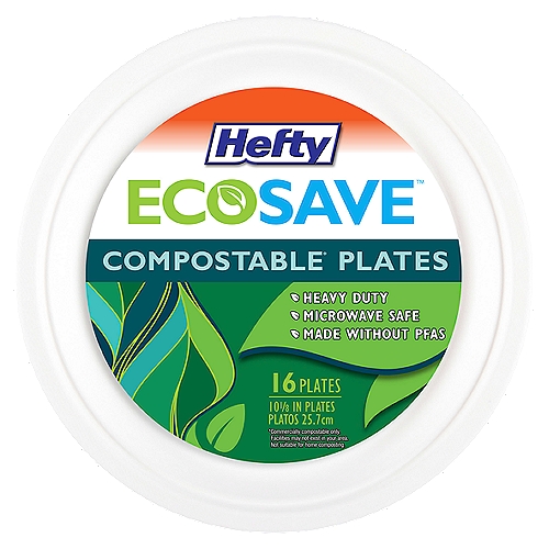 ECOSAVE 10 Inch 100% Compostable Plates
Why Choose Hefty Ecosave™
These 100% compostable plates are made from plant based materials and deliver the heavy duty quality that you've come to expect of a Hefty® plate.

Hefty ECOSAVE paper plates are 100% compostable, made from plant-based materials and are microwaveable. Hefty ECOSAVE disposable paper plates are ideal for picnics, barbecues and camping trips, or use them at home for a kid-friendly option. These heavy-duty molded fiber plates stand up to messy meals and keep clean up easy so that you can spend less time cleaning and more time with your loved ones. Let Hefty take care of the dishes tonight! These disposable plates are compostable in industrial composting facilities (not suitable for backyard composting). This package contains 16 Hefty ECOSAVE paper plates, each measuring 10-1/8 inches in diameter.