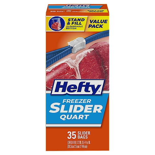 Hefty Slider Freezer Storage Bags have a thicker plastic that helps protect foods from freezer burn and allows for storage of heavier food, snacks, leftovers, craft supplies, hardware or other household items. Prep ahead of time by freezing meat for burger patties, fruits and veggies for smoothies, cookie dough for cookies and more. The microwave safe plastic allows for easy defrosting and reheating of food. The patented MaxLock track and Clicks Closed feature lets you know when these BPA free freezer bags are securely closed. Large write-on labels make it easy to label and date the contents of these quart size slider storage bags in your freezer. The stand and fill expandable bottom means that the bags stand up for easy loading of food, craft supplies or other household items you're wanting to organize.