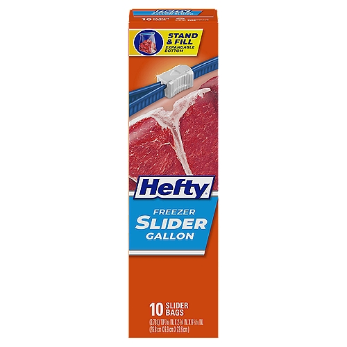 Hefty Freezer Gallon Slider Bags, 10 count
Stronger Seal than Ziploc® Bags†*
*When Shaken

Patented Maxlock® - Track Design for an Extra Strong Seal
Helps Prevent Freezer Burn - Keeping Food Fresh Longer
Zips & Clicks Closed™ - So You Know the Seal is Secure
Expandable Bottom - Easier to Stand & Fill