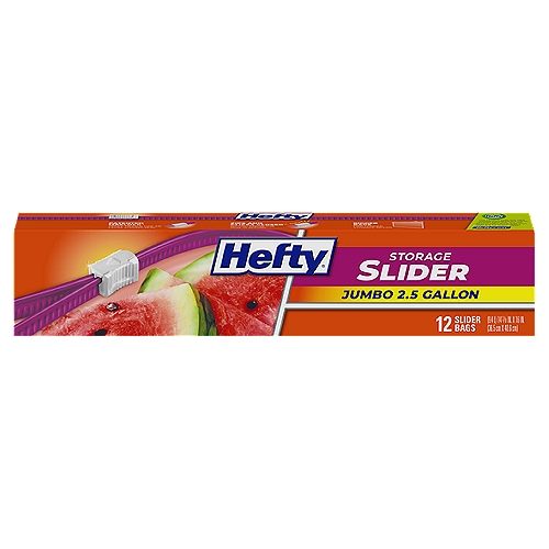 Hefty Slider Jumbo 2.5 Gallon Size Storage Bags
Designed with an extra-strong seal, Hefty Slider Jumbo Storage Bags keep contents fresh and safe. Thanks to the patented MaxLock track and Clicks Closed feature, these heavy duty plastic bags let you know the bag is securely closed. A simple, smooth motion opens and closes these food storage bags easily thanks to their unique slider design. Integrated, large write-on labels let you label and organize the contents of each of these Hefty Slider Jumbo 2.5 gallon bags in your fridge or pantry for easy identification. Meal Prep ahead of time using these extra-large storage bags to keep contents fresh until you're ready to use them. These Hefty Jumbo 2.5 gallon bags are roomy for home organization, great to use as travel storage bags and ideal for storing craft projects, desk supplies and hardware - giving you a clear view of the contents while keeping multiple items together, clean and undamaged.