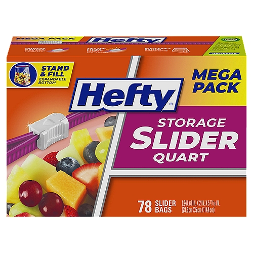 Hefty Slider Quart Size Storage Bags
Hefty Slider Freezer Storage Bags have a thicker plastic that helps protect foods from freezer burn and allows for storage of heavier food, snacks, leftovers, craft supplies, hardware or other household items. Prep ahead of time by freezing meat for burger patties, fruits and veggies for smoothies, cookie dough for cookies and more. The microwave safe plastic allows for easy defrosting and reheating of food. The patented MaxLock track and Clicks Closed feature lets you know when these BPA free freezer bags are securely closed. Large write-on labels make it easy to label and date the contents of these quart size slider storage bags in your freezer. The stand and fill expandable bottom means that the bags stand up for easy loading of food, craft supplies or other household items you're wanting to organize.