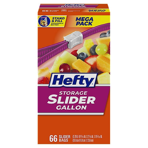 Hefty Slider Gallon Size Storage Bags
Hefty Slider Freezer Storage Bags have a thicker plastic that helps protect foods from freezer burn and allows for storage of heavier food, snacks, leftovers, craft supplies, hardware or other household items. Meal prep ahead of time by freezing meat for burger patties, fruits and veggies for smoothies, cookie dough for cookies and more. Prepare ingredients for large parties or treats ahead of time by storing in freezer. The microwave safe plastic allows for easy defrosting and reheating of food. The patented MaxLock track and Clicks Closed feature lets you know when these BPA free freezer bags are securely closed. Large write-on labels make it easy to label and date the contents of these gallon size slider storage bags in your freezer. The stand and fill expandable bottom means that the bags stand up for easy loading of food, craft supplies or other household items you're wanting to organize.