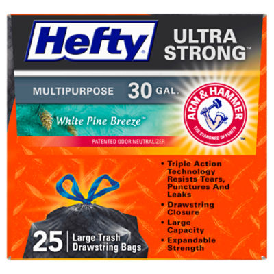 Hefty Ultra Strong Multipurpose Large Trash Bags, Black, White Pine Breeze  Scent, 30 Gallon, 25 Count
