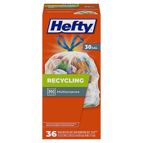 Hefty Recycling Clear Scent Free Large Drawstring Bags
Hefty Recycling Clear Scent Free Large 30 Gallon Drawstring Bags make it easier to sort and organize your recycling with maximum efficiency. Made for lighter loads (like empty recyclables), these clear bags make separation of recyclables to help comply with local recycling requirements easy. These transparent plastic recycling bags make visual identification easy in your kitchen, on the curb and at the recycling center. Hefty Recycling bags are also equipped with a patented Arm & Hammer Odor neutralizer to help fight nasty kitchen odors. The convenient drawstring makes the bag easy to close and carry and provides an instant sturdy and easy-to-grip handle.