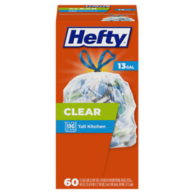 Hefty 13 Gallon Clear Tall Kitchen Drawstring Bags, 60 count