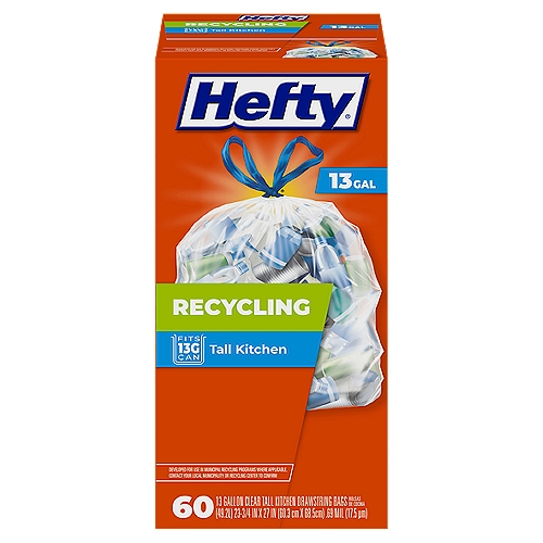 Do your part for the planet by putting Hefty Recycling Clear Scent Free Tall Kitchen 13 Gallon Drawstring Bags to use in your home. The only recycling trash bags equipped with Arm & Hammer's patented odor control technology, Hefty clear recycling bags minimize unpleasant smells. Unlike opaque options that are easily mistaken for garbage, Hefty transparent plastic recycling bags make visual identification easy in your kitchen, on the curb and at the recycling center. A dependable drawstring lets you close these unscented trash bags tightly to ensure the contents remain secure.