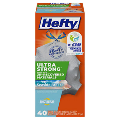 Hefty Ultra Strong 13 Gallon Seaside Breeze Tall Kitchen Drawstring Trash Bags, 40 count
