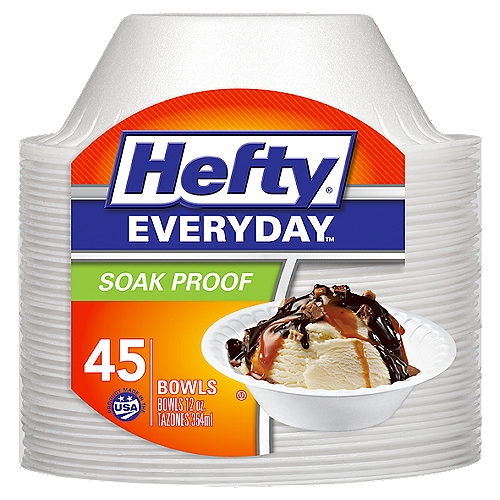 Hefty Everyday Soak Proof 12 oz White Foam Bowls
Hefty Everyday Soak Proof 12 oz Foam Bowls allow you to serve with flair and make clean up a snap. Their round shape, durability and soak proof layer that prevents leaks and stains on clothing and furniture, make these heavy duty disposable bowls a go-to choice for family meals, picnics, barbecues and casual get-togethers. Sturdy and versatile, these round disposable bowls handle all kinds of meals, including desserts, heavy sides, soups, fruit, ice cream and more. Use these disposable bowls to serve meals or snacks without worrying about messes. These foam bowls are perfect for toddler and kids' snacks and meals, or use them for kids' craft projects. With these BPA Free disposable bowls, less mess means less time cleaning up and more time with your loved ones.