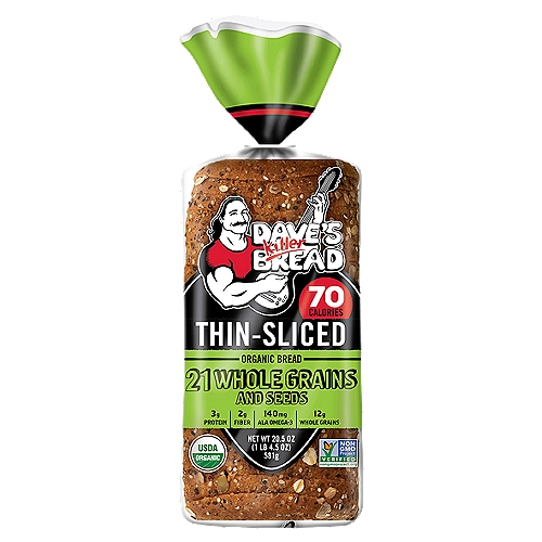 Dave's Killer Bread 21 Whole Grains and Seeds Thin-Sliced Organic Bread, 20.5 oz
Loaded with grainy texture and heart flavor, 21 Whole Grains and Seeds Thin Sliced has 70 calories, 12g of whole grains, and 3g of protein per slice. That's was we call big nutrition in a little slice!

Made for Greatness®
No high fructose corn syrup
No artificial preservatives
No artificial ingredients
Always power-packed with whole grains
Always USDA organic
Always Non-GMO
Always made with killer taste and texture