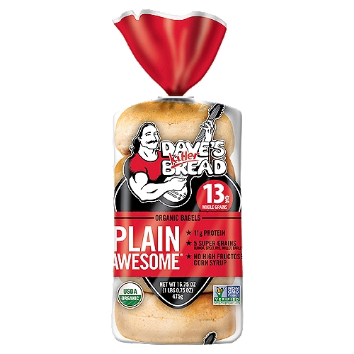 Dave's Killer Bread Plain Awesome Bagels, Organic Bagels, 13g Whole Grains per Bagel, 5 Count