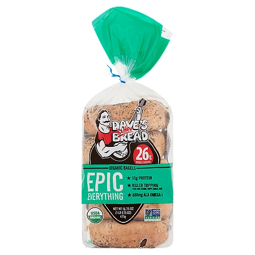 Our organic Epic Everything® bagels have all the garlicky and oniony deliciousness you want, and pack a whopping 26g of whole grains per serving. You won't find any high fructose corn syrup in our bagels, but you will find 13g protein per serving. Now that's epic.nnMade for Greatness®n⊘ No high fructose corn syrupn⊘ No artificial preservativesn⊘ No artificial ingredientsn✓ Always power-packed with whole grainsn✓ Always USDA organicn✓ Always Non-GMOn✓ Always made with killer taste and texture