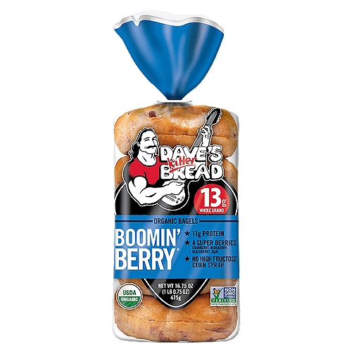 Made for Greatness®nnOur organic Boomin' Berry® bagels have 11g of protein and 13g of whole grains per serving. Even better? They're packed with 4 delicious super berries and fruit swirls (cranberry, blueberry, blackberry, and açaí), The more, the berry-er, right?