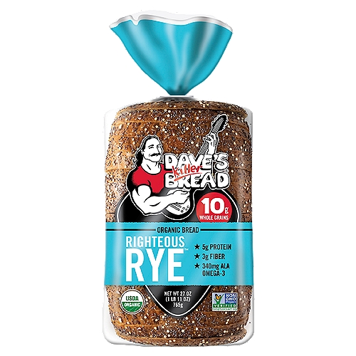 Dave's Killer Bread Righteous Rye Organic Bread, 27 oz
Made for Greatness®
No high fructose corn syrup
No artificial preservatives
No artificial ingredients
Always power-packed with whole grains
Always USDA organic
Always non-GMO
Always made with killer taste and texture

Not your old school rye bread... This one is Killer! With 10g whole grains per slice, Righteous Rye™ has a crunchy crust with flax seeds, poppy seeds and quinoa. Try it! Rye not?!