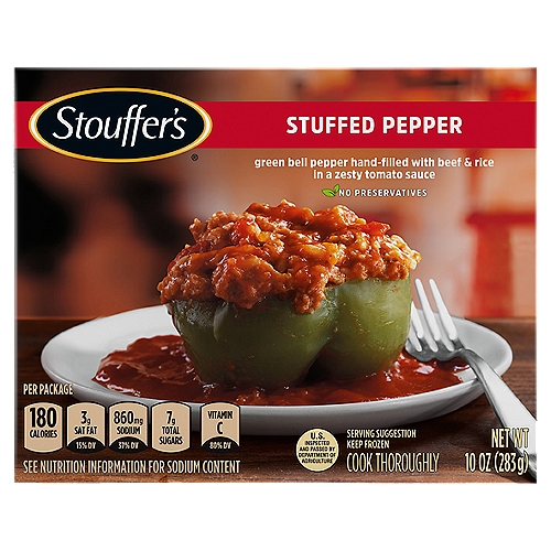 Stouffer's Classics Stuffed Pepper, 10 oz
Green Bell Pepper Hand-Filled with Beef & Rice in a Zesty Tomato Sauce

Freshly Made, Simply Frozen™