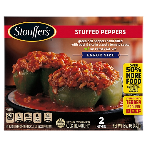 Stouffer's Classics Stuffed Peppers Large Size, 2 count, 15 1/2 oz
Green Bell Peppers Hand-Filled with Beef & Rice in a Zesty Tomato Sauce

Green peppers grown just for Nestlé. Each and every pepper stuffed by hand.

Freshly Made, Simply Frozen™