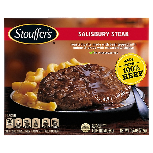 Stouffer's Classics Salisbury Steak, 9 5/8 oz
Roasted Patty Made with Natural* Beef and Pork Topped with Onions & Gravy with Macaroni & Cheese
*No artificial ingredients - only minimally processed