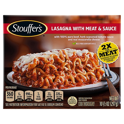 Stouffer's Classics Lasagna with Meat & Sauce, 10 1/2 oz
Lasagna with Meat & Sauce with 100% Pure Beef, Herb Seasoned Tomato Sauce and Real Mozzarella Cheese

2x the meat*
*Required by the lasagna with meat sauce standard