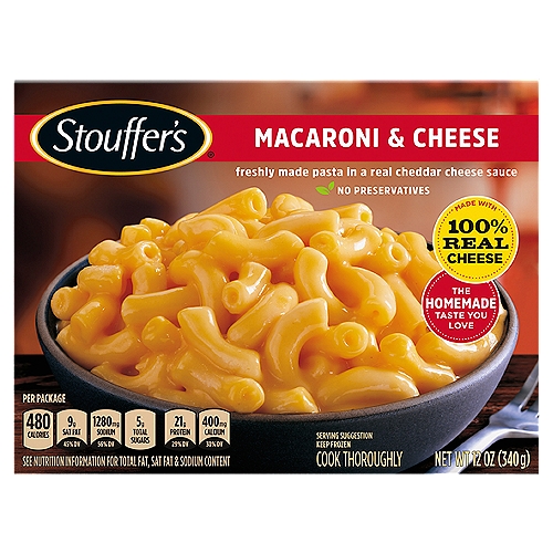 Stouffer's Macaroni & Cheese, 12 oz
Freshly Made Pasta in a Real Cheddar Cheese Sauce