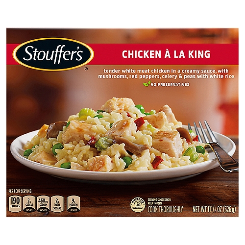 Stouffer's Classics Chicken À La King, 11 1/2 oz
Tender White Meat Chicken in a Creamy Sauce, with Mushrooms, Red Peppers, Celery & Peas with White Rice